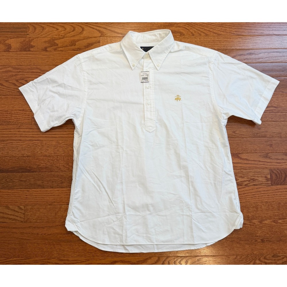 New Brooks Brothers Oxford Popover Shirt Mens Large Solid White Fleece Logo OCBD